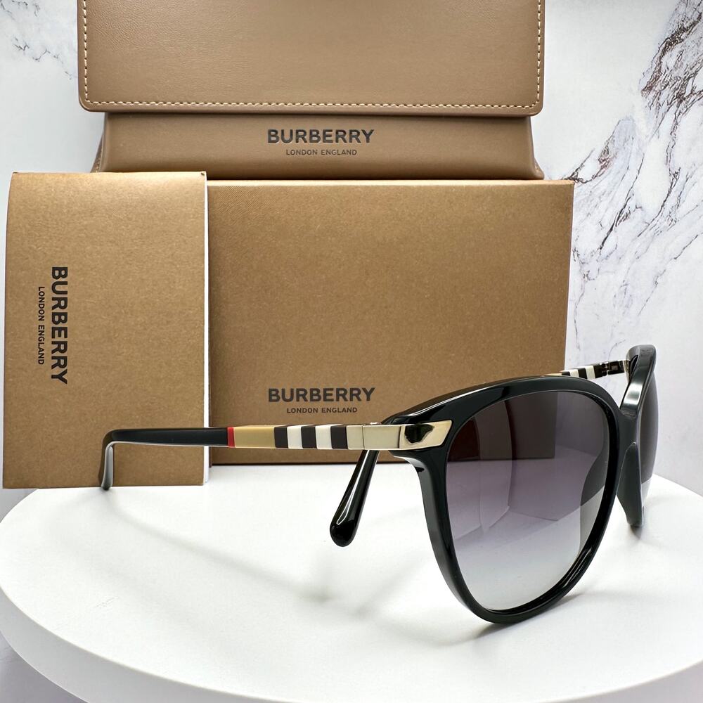 New Burberry Sunglasses Black Cat Eye Check Arms Gold Hardware Womens BURBERRY